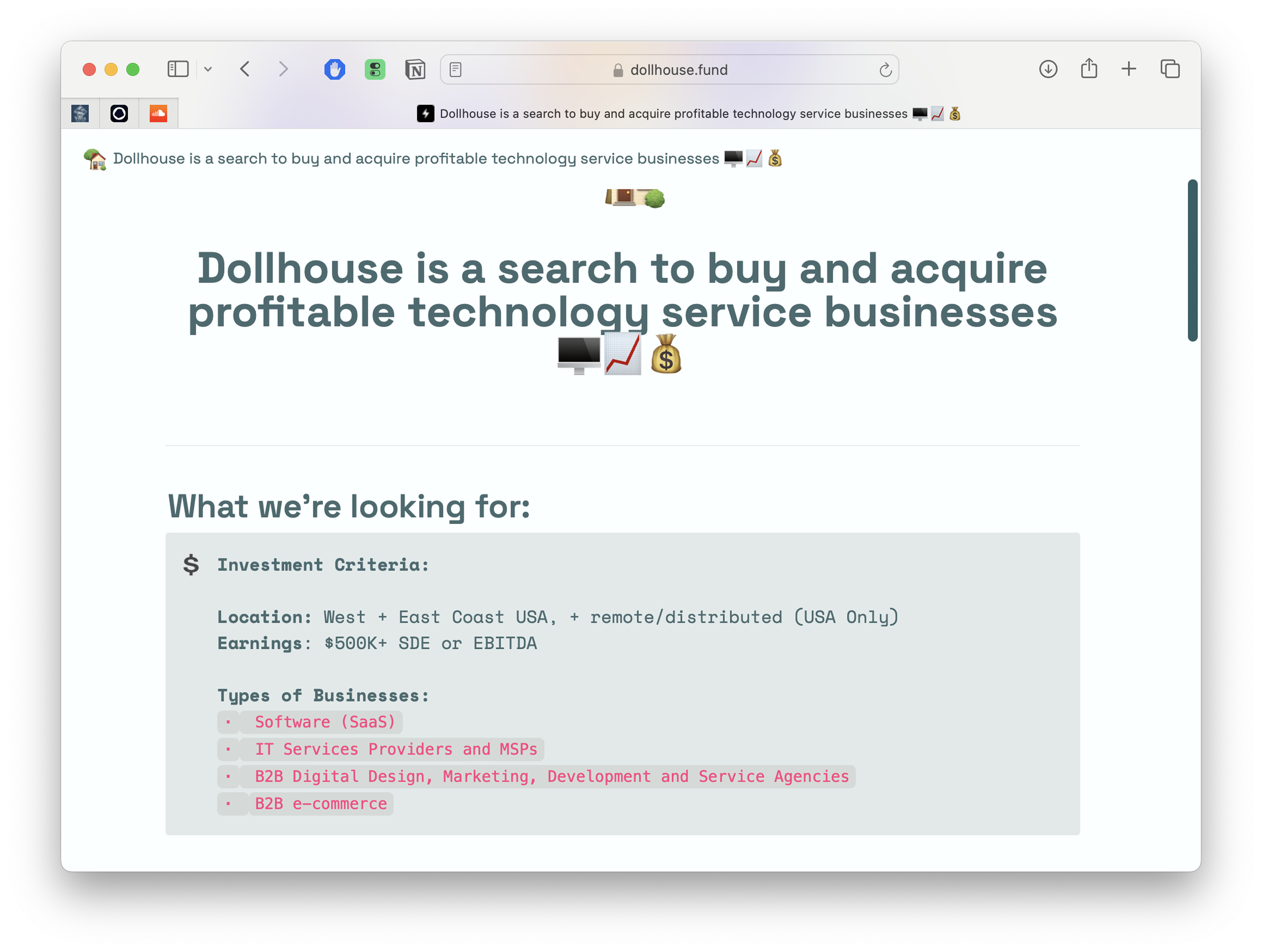 Dollhouse Fund search criteria page shown in a browser window